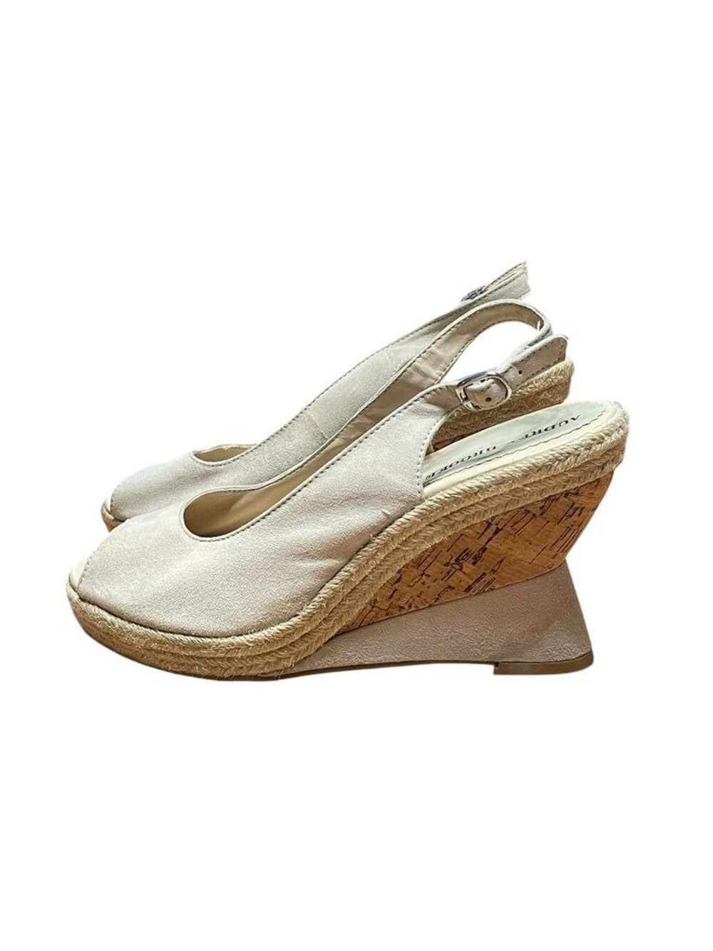 Audrey Brooke Beige Open-Toe Wedge Espadrilles Suede Leather 8.5